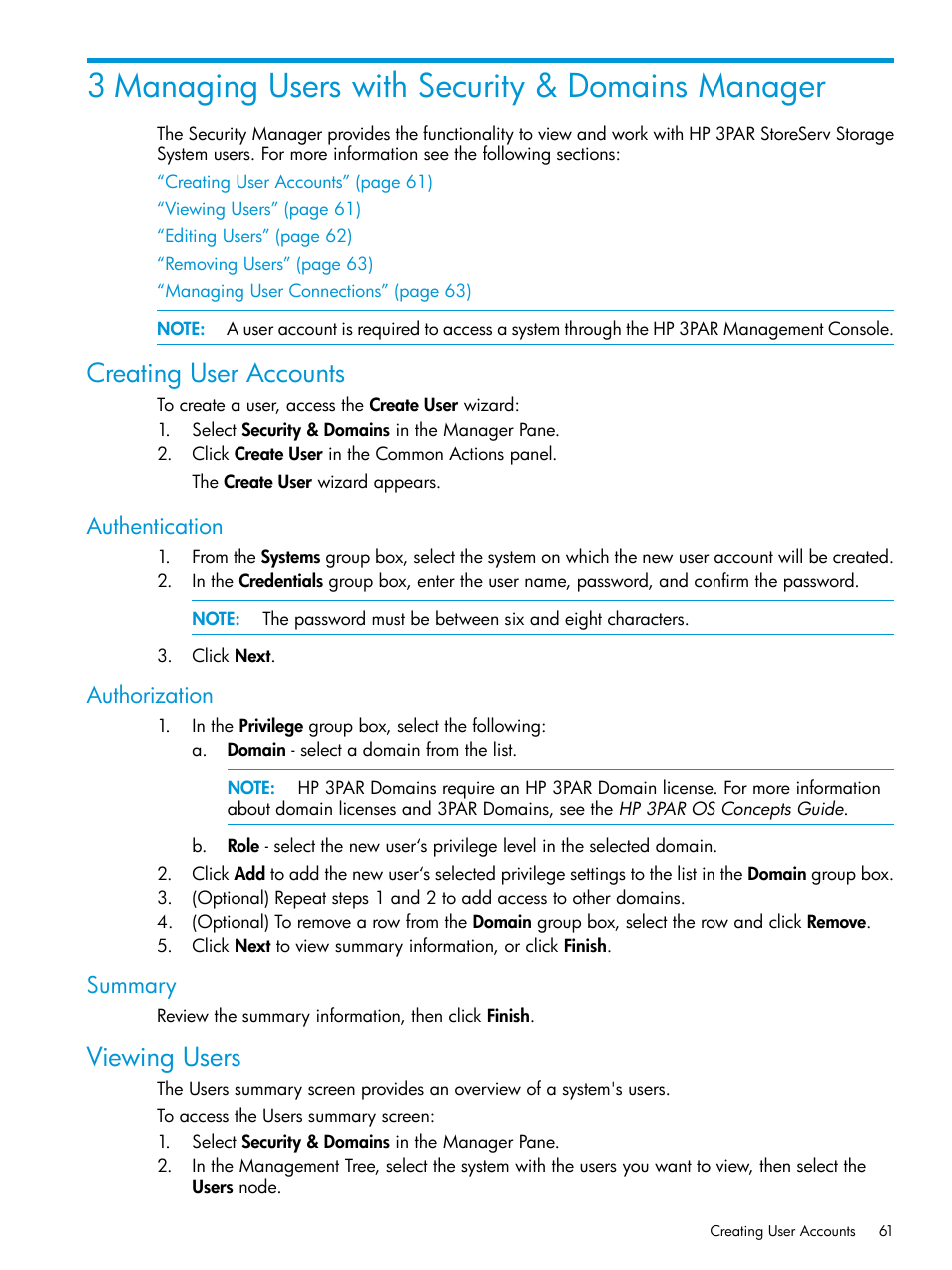 3 managing users with security & domains manager, Creating user accounts, Authentication | Authorization, Summary, Viewing users, Authentication authorization summary | HP 3PAR Operating System Software User Manual | Page 61 / 526