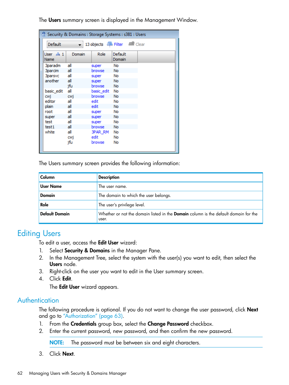 Editing users, Authentication | HP 3PAR Operating System Software User Manual | Page 62 / 526