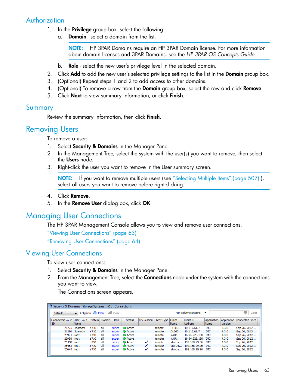 Authorization, Summary, Removing users | Managing user connections, Viewing user connections, Authorization summary, Removing users managing user connections | HP 3PAR Operating System Software User Manual | Page 63 / 526