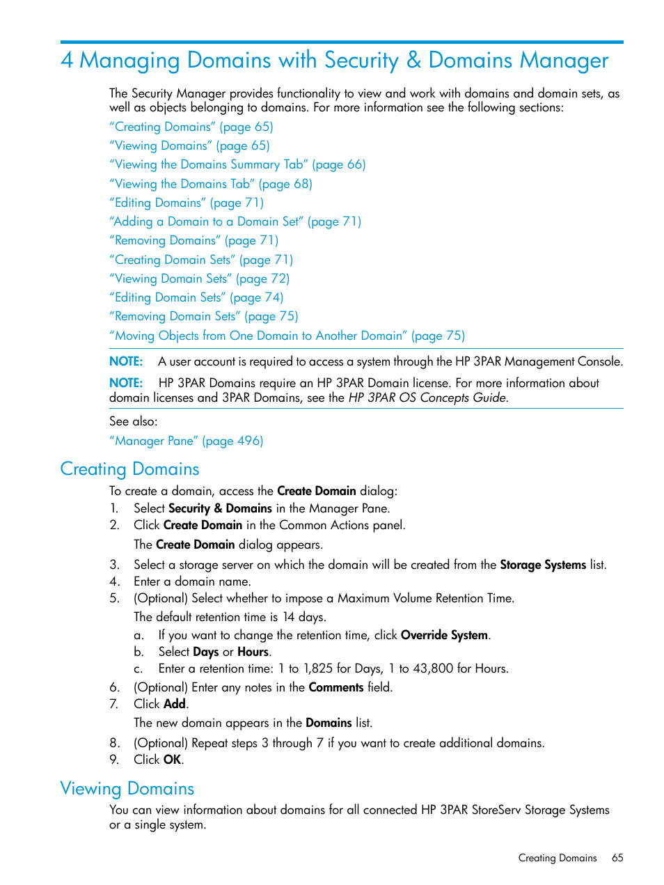 4 managing domains with security & domains manager, Creating domains, Viewing domains | Creating domains viewing domains | HP 3PAR Operating System Software User Manual | Page 65 / 526