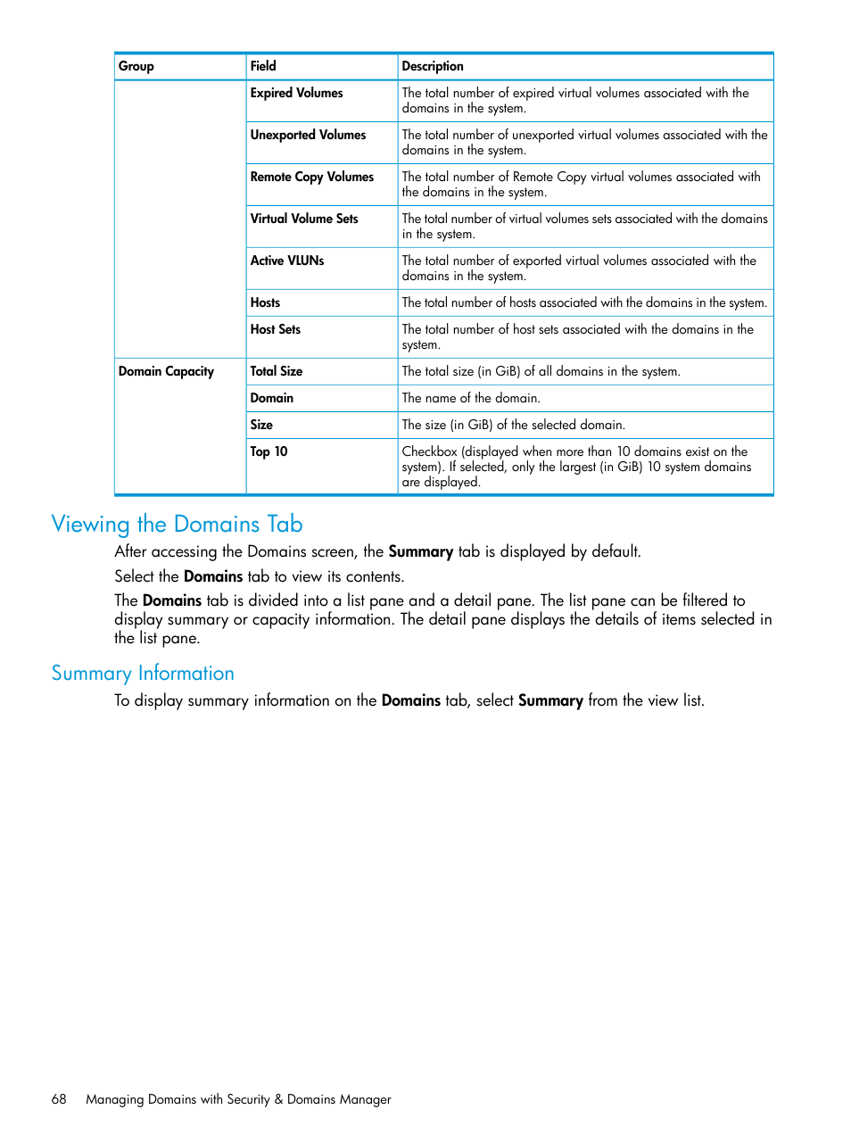 Viewing the domains tab, Summary information | HP 3PAR Operating System Software User Manual | Page 68 / 526