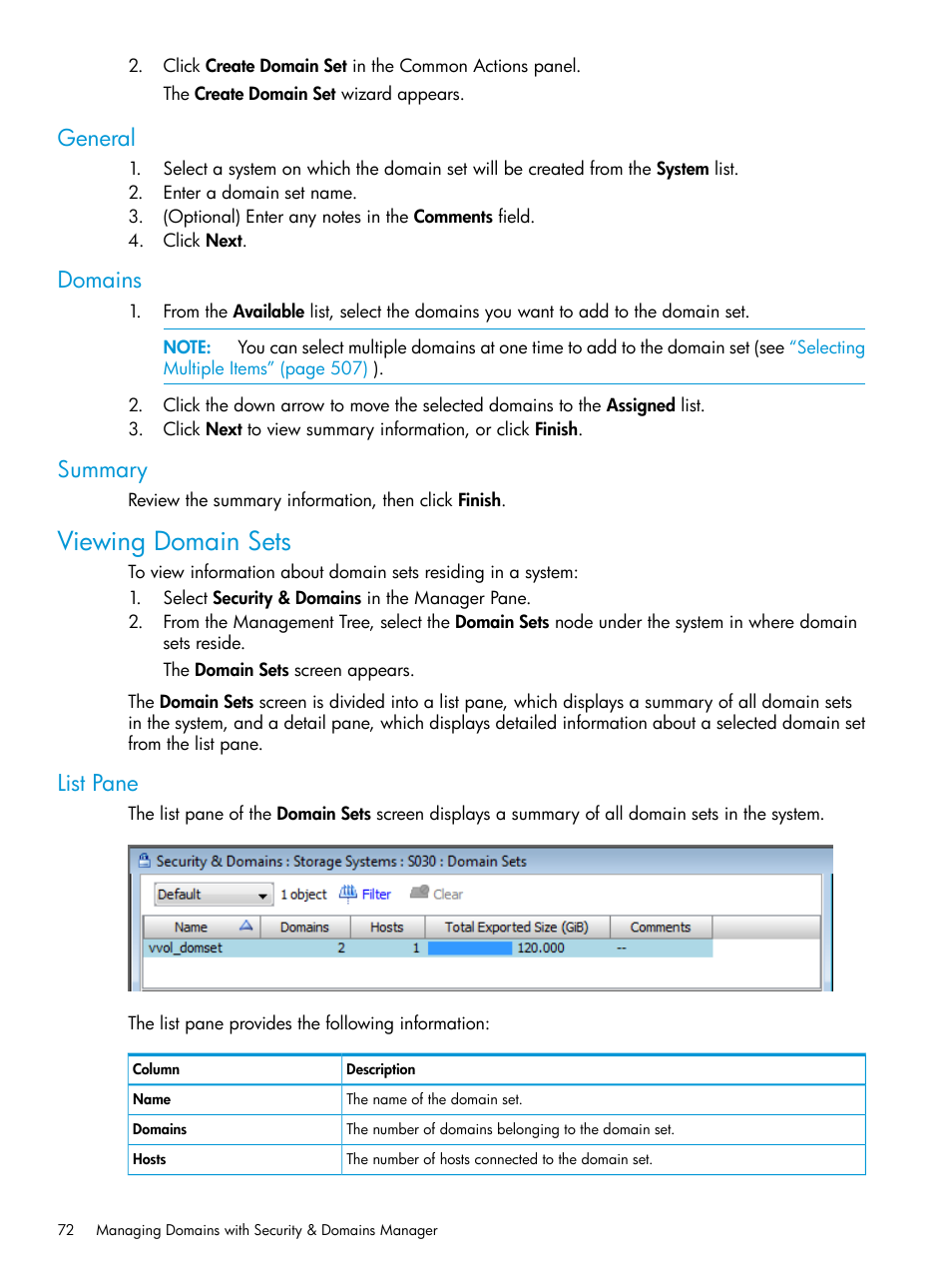 General, Domains, Summary | Viewing domain sets, List pane, General domains summary | HP 3PAR Operating System Software User Manual | Page 72 / 526