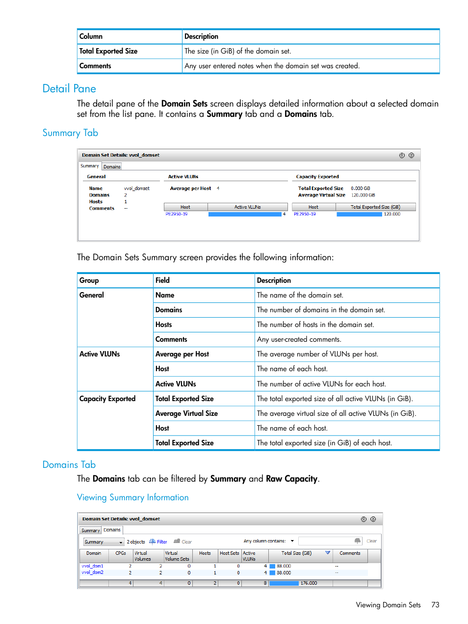 Detail pane, Summary tab, Domains tab | Viewing summary information, Summary tab domains tab | HP 3PAR Operating System Software User Manual | Page 73 / 526