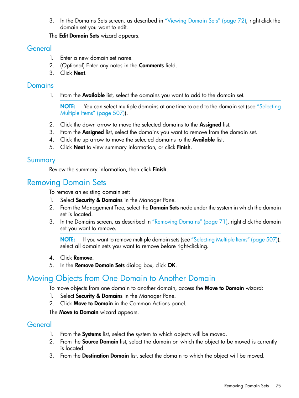 General, Domains, Summary | Removing domain sets, Moving objects from one domain to another domain, General domains summary | HP 3PAR Operating System Software User Manual | Page 75 / 526