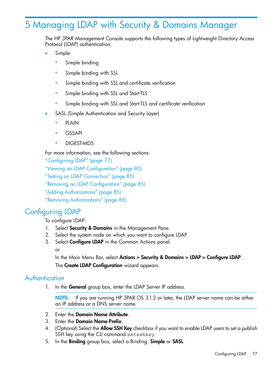 5 managing ldap with security & domains manager, Configuring ldap, Authentication | HP 3PAR Operating System Software User Manual | Page 77 / 526