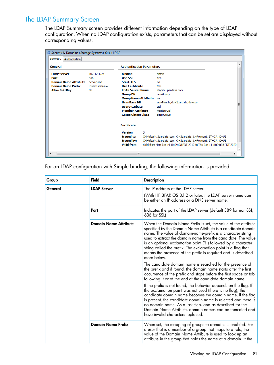 The ldap summary screen | HP 3PAR Operating System Software User Manual | Page 81 / 526