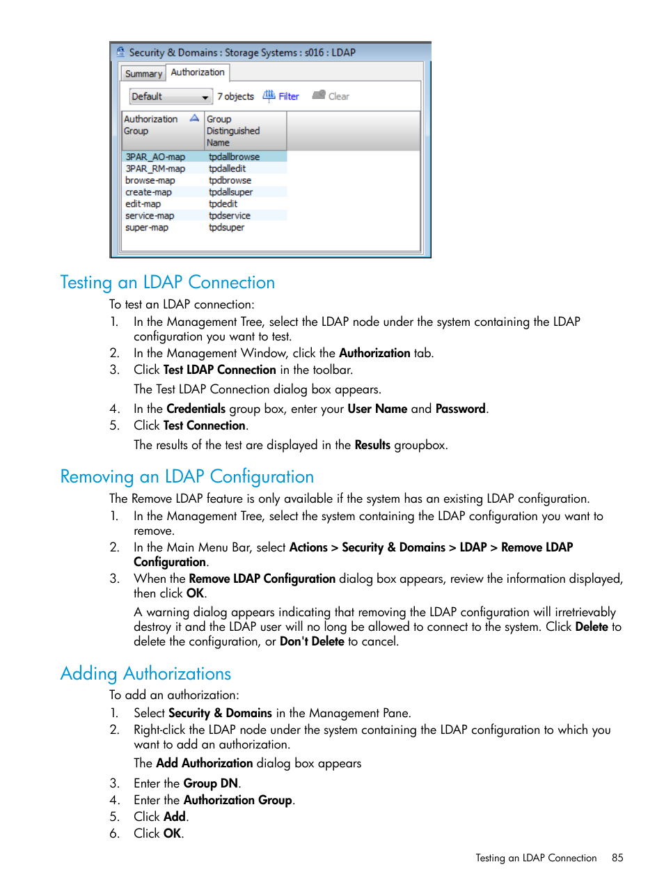 Testing an ldap connection, Removing an ldap configuration, Adding authorizations | HP 3PAR Operating System Software User Manual | Page 85 / 526