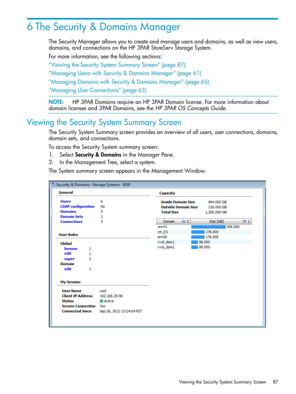 6 the security & domains manager, Viewing the security system summary screen | HP 3PAR Operating System Software User Manual | Page 87 / 526