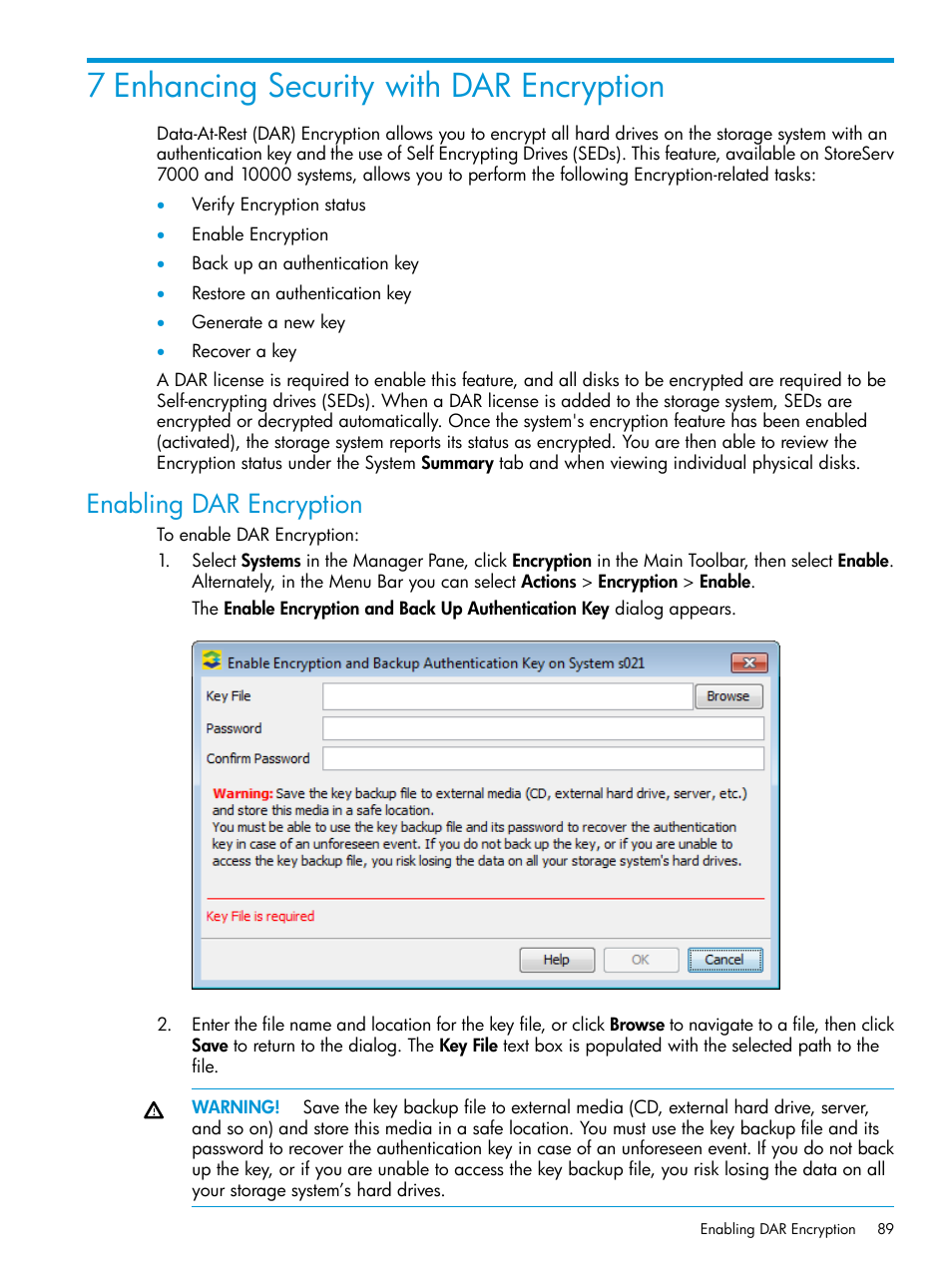 7 enhancing security with dar encryption, Enabling dar encryption | HP 3PAR Operating System Software User Manual | Page 89 / 526