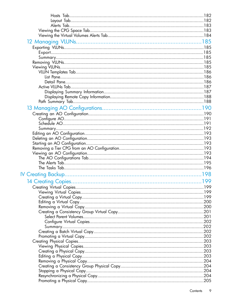 12 managing vluns, 13 managing ao configurations, Iv creating backup 14 creating copies | HP 3PAR Operating System Software User Manual | Page 9 / 526