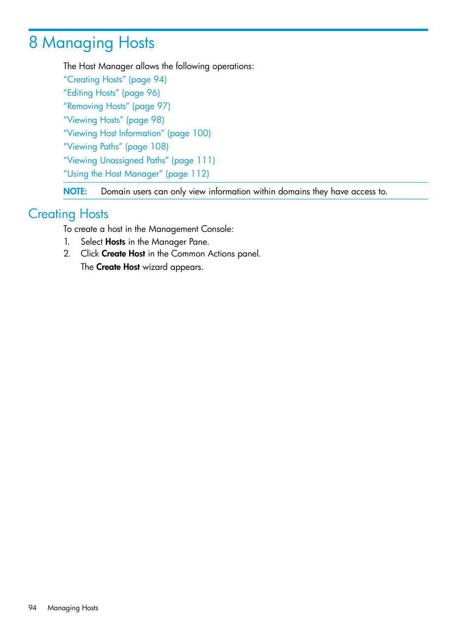 8 managing hosts, Creating hosts | HP 3PAR Operating System Software User Manual | Page 94 / 526