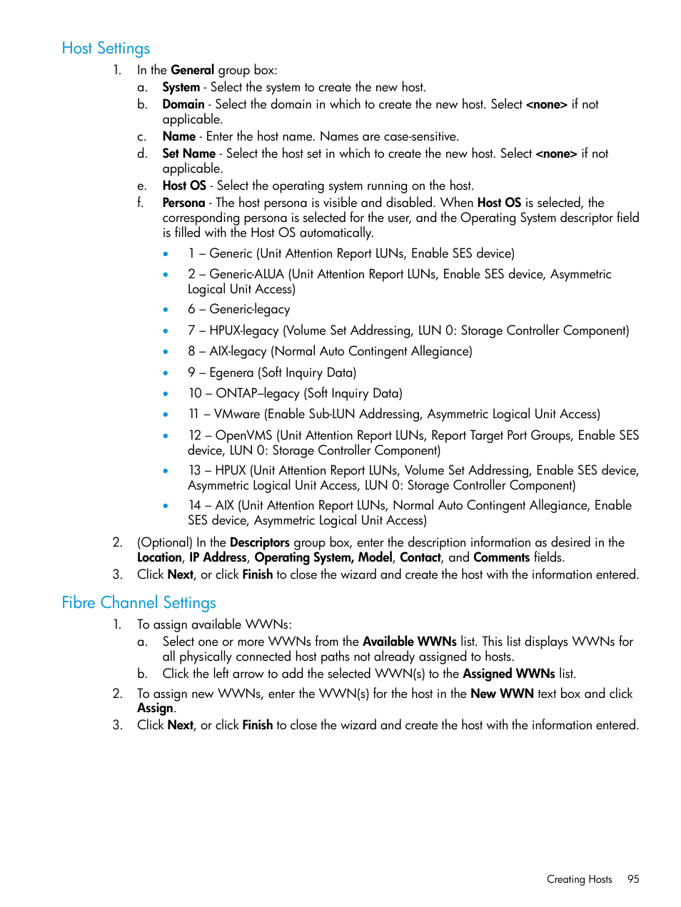 Host settings, Fibre channel settings, Host settings fibre channel settings | HP 3PAR Operating System Software User Manual | Page 95 / 526