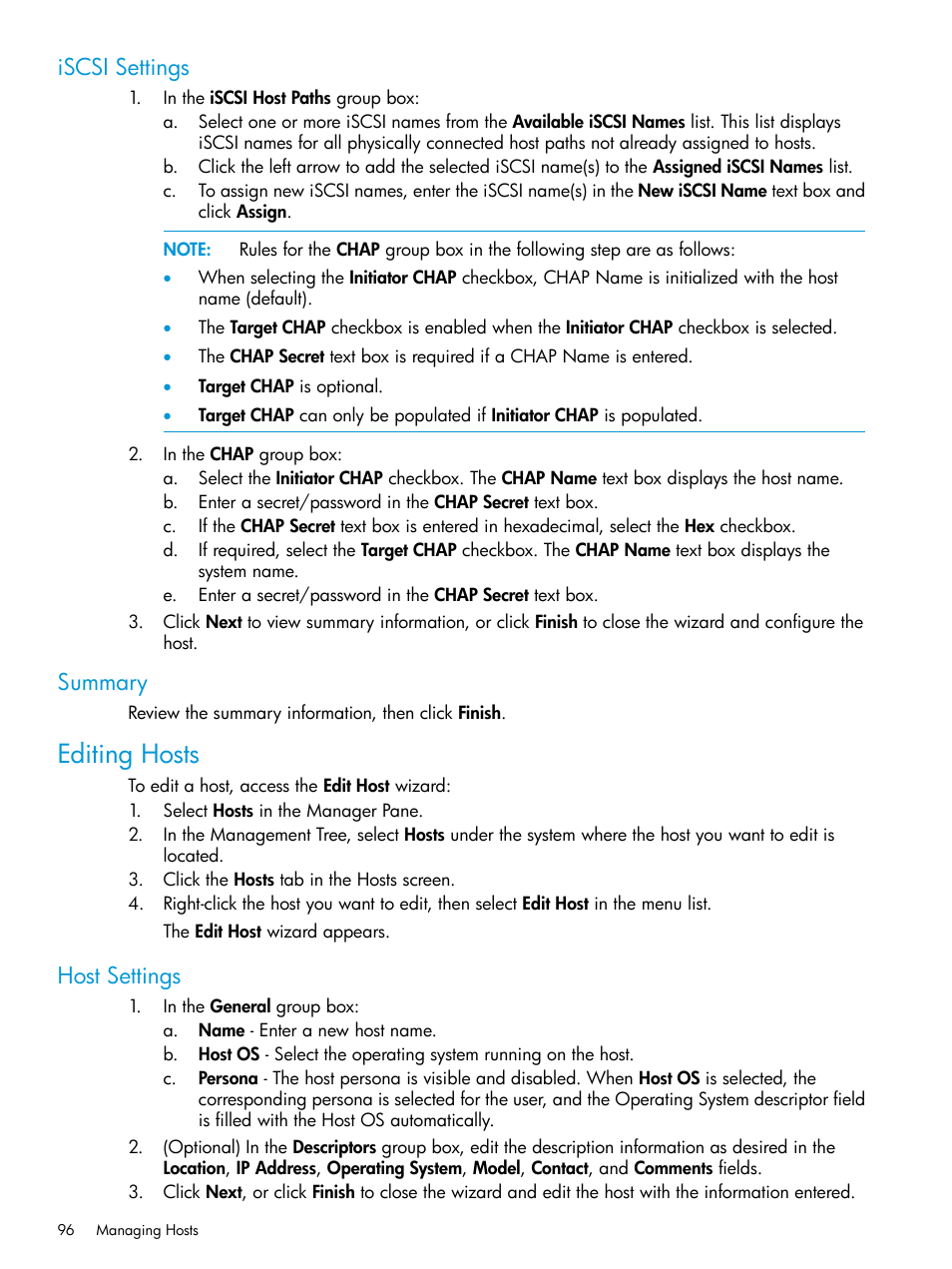 Iscsi settings, Summary, Editing hosts | Host settings, Iscsi settings summary | HP 3PAR Operating System Software User Manual | Page 96 / 526