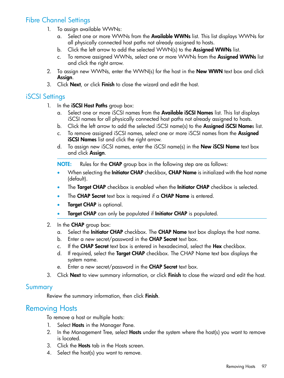 Fibre channel settings, Iscsi settings, Summary | Removing hosts, Fibre channel settings iscsi settings summary | HP 3PAR Operating System Software User Manual | Page 97 / 526