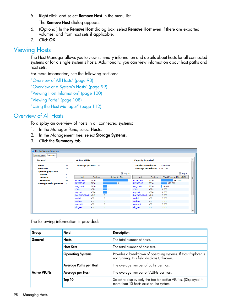 Viewing hosts, Overview of all hosts | HP 3PAR Operating System Software User Manual | Page 98 / 526