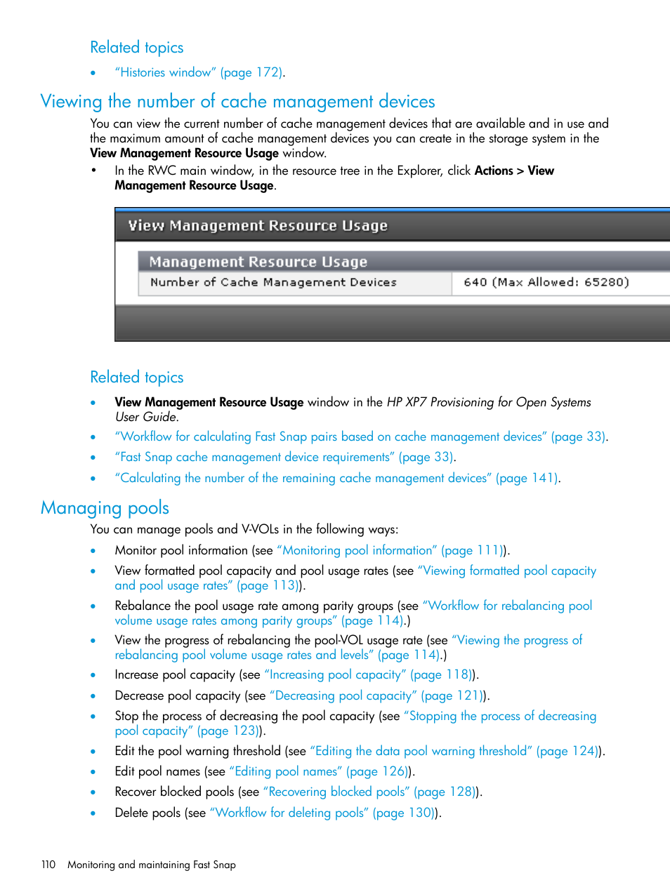 Viewing the number of cache management devices, Managing pools, Viewing the number of cache | Related topics | HP XP7 Storage User Manual | Page 110 / 197