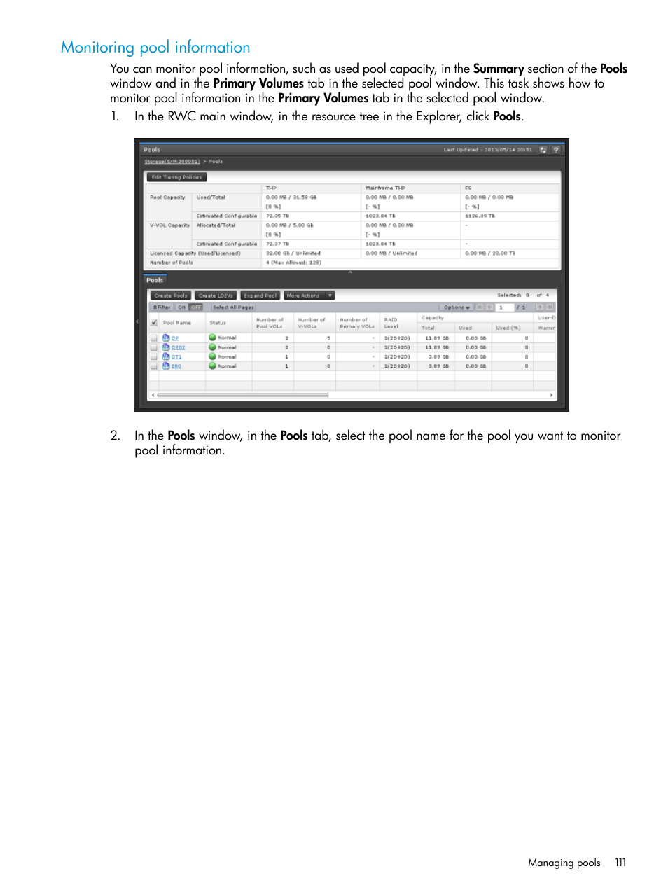 Monitoring pool information | HP XP7 Storage User Manual | Page 111 / 197