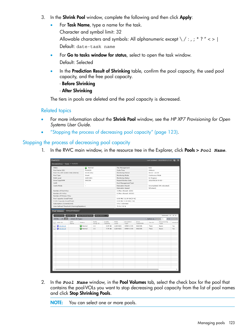 Stopping the process of decreasing pool capacity, Stopping the process of decreasing | HP XP7 Storage User Manual | Page 123 / 197