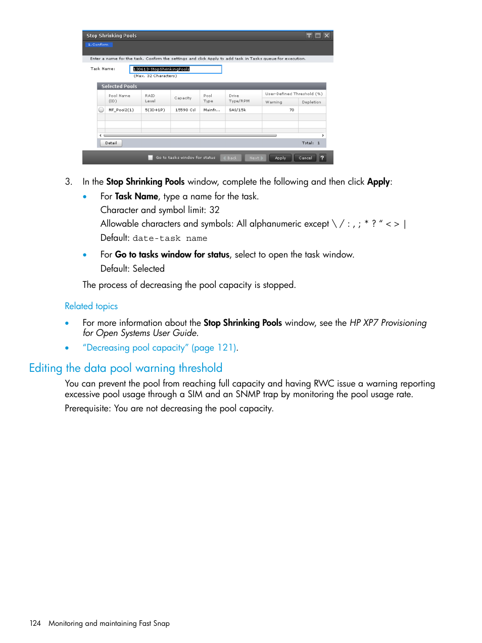Editing the data pool warning threshold, Editing the data pool, Editing the data pool warning | HP XP7 Storage User Manual | Page 124 / 197
