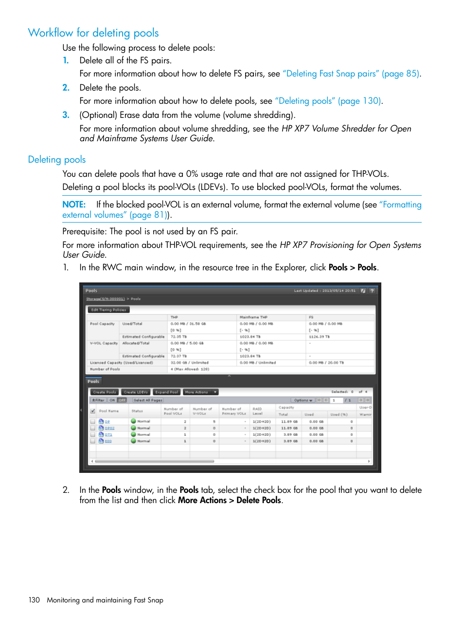 Workflow for deleting pools, Deleting pools | HP XP7 Storage User Manual | Page 130 / 197