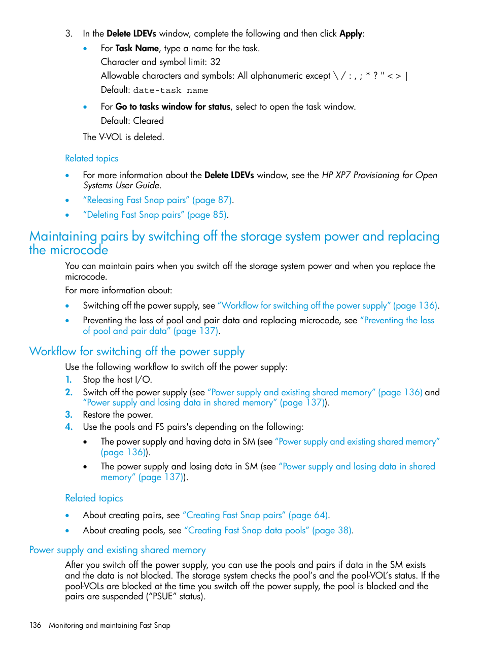 Workflow for switching off the power supply, Power supply and existing shared memory | HP XP7 Storage User Manual | Page 136 / 197