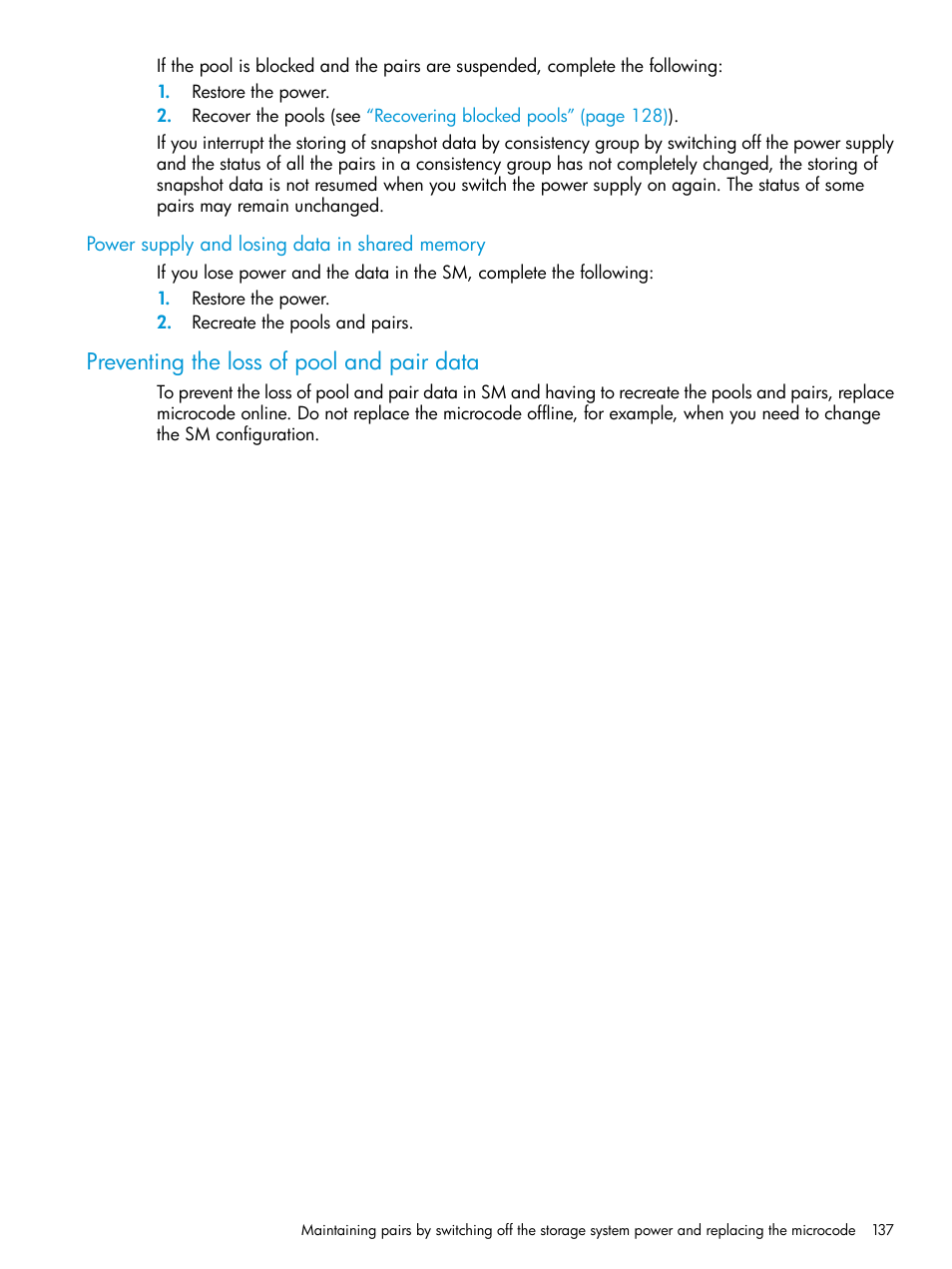 Power supply and losing data in shared memory, Preventing the loss of pool and pair data, Preventing the loss | Power supply and losing data in shared | HP XP7 Storage User Manual | Page 137 / 197