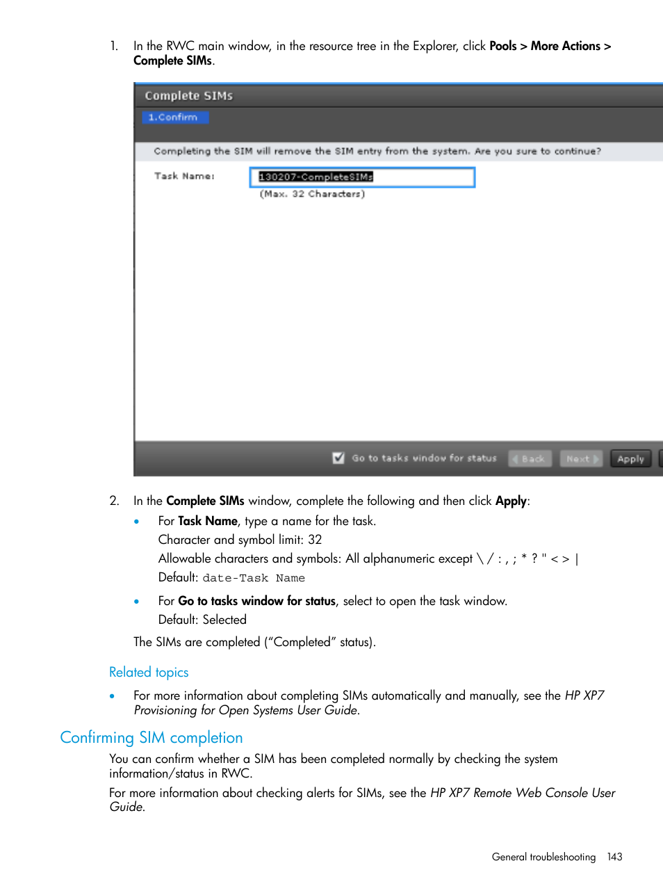 Confirming sim completion, Confirming sim | HP XP7 Storage User Manual | Page 143 / 197