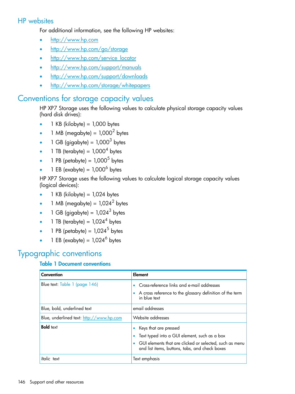 Hp websites, Conventions for storage capacity values, Typographic conventions | HP XP7 Storage User Manual | Page 146 / 197