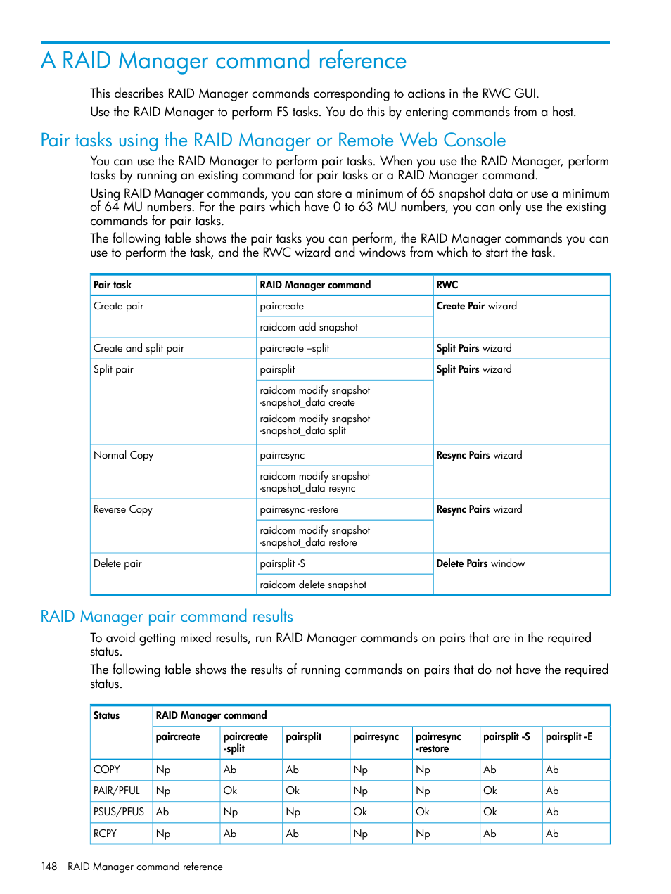 A raid manager command reference, Raid manager pair command results, Pair tasks using the | HP XP7 Storage User Manual | Page 148 / 197