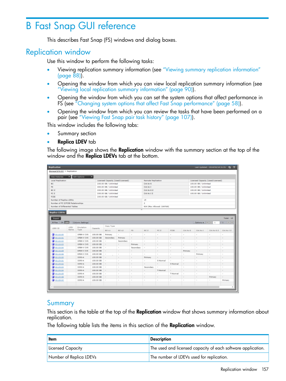 B fast snap gui reference, Replication window, Summary | HP XP7 Storage User Manual | Page 157 / 197