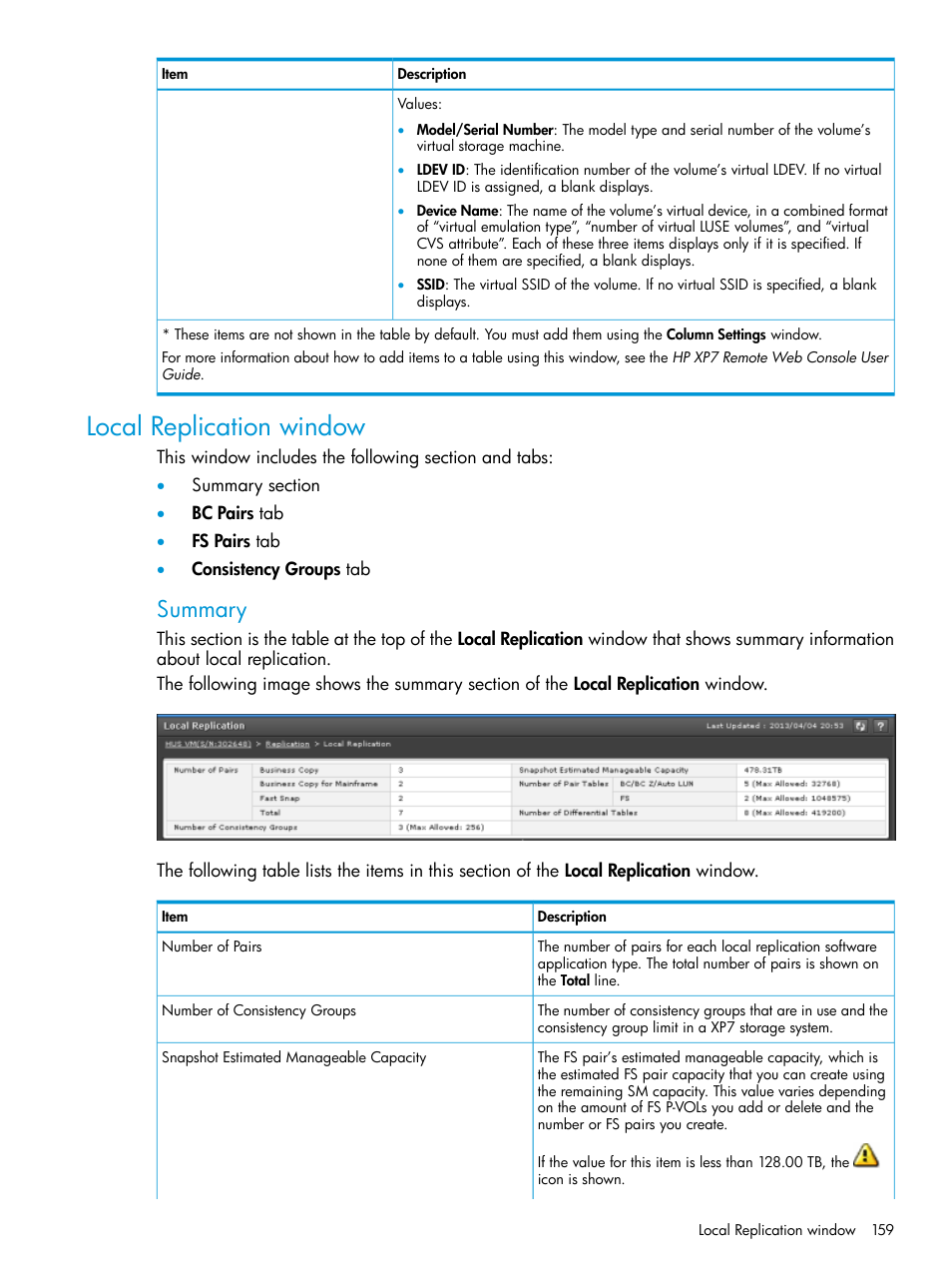Local replication window, Summary | HP XP7 Storage User Manual | Page 159 / 197