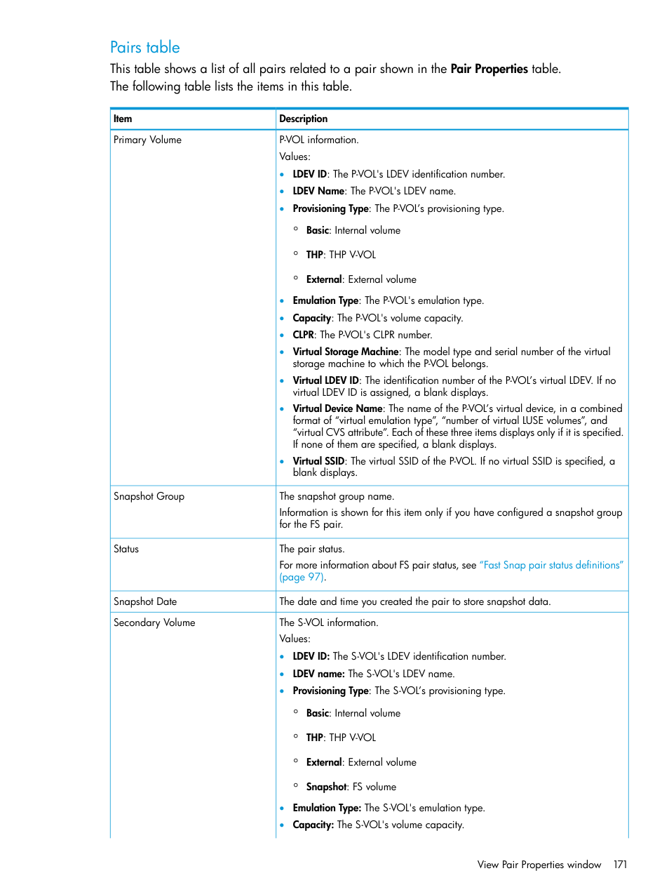 Pairs table | HP XP7 Storage User Manual | Page 171 / 197