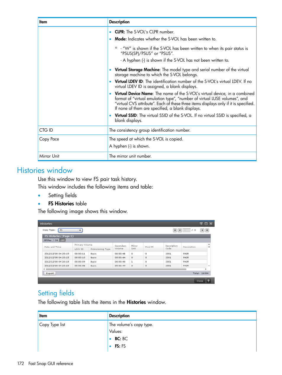 Histories window, Setting fields | HP XP7 Storage User Manual | Page 172 / 197