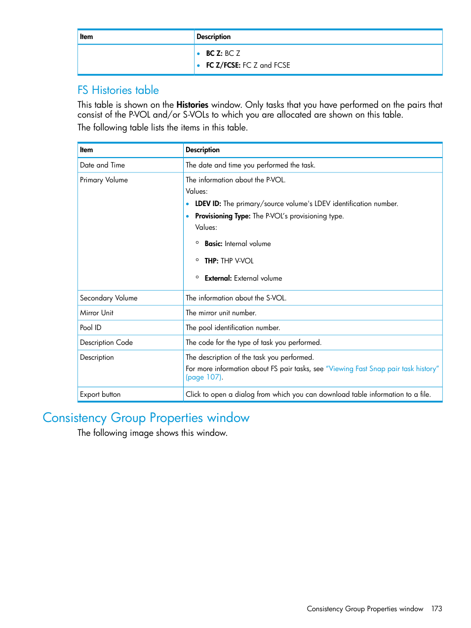 Consistency group properties window, Fs histories table | HP XP7 Storage User Manual | Page 173 / 197