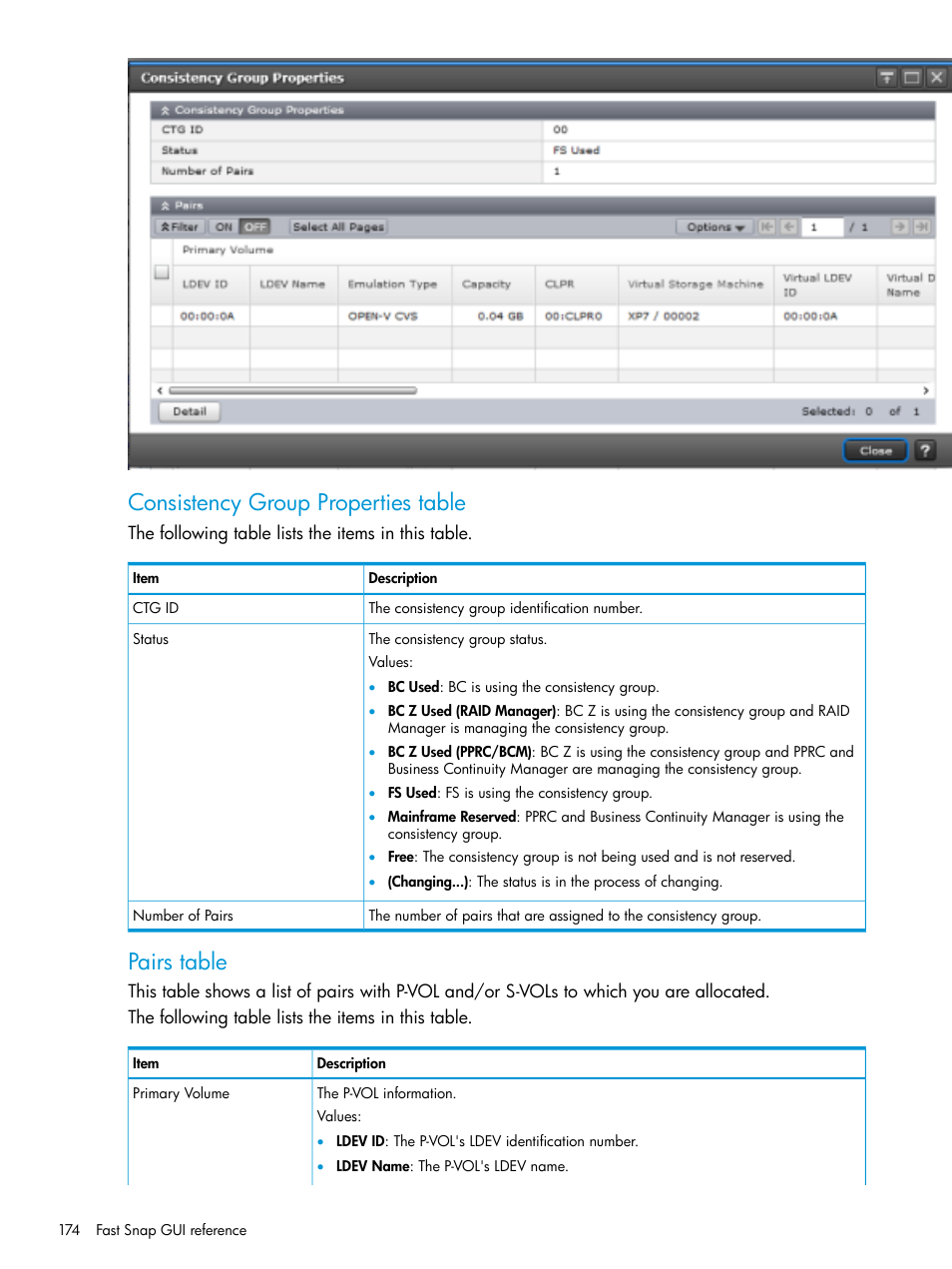 Consistency group properties table, Pairs table | HP XP7 Storage User Manual | Page 174 / 197