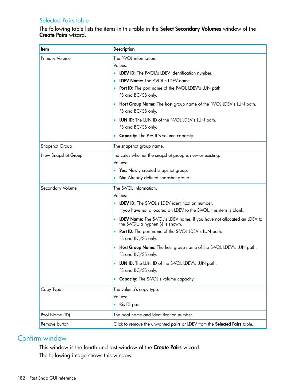 Confirm window, Selected pairs table | HP XP7 Storage User Manual | Page 182 / 197