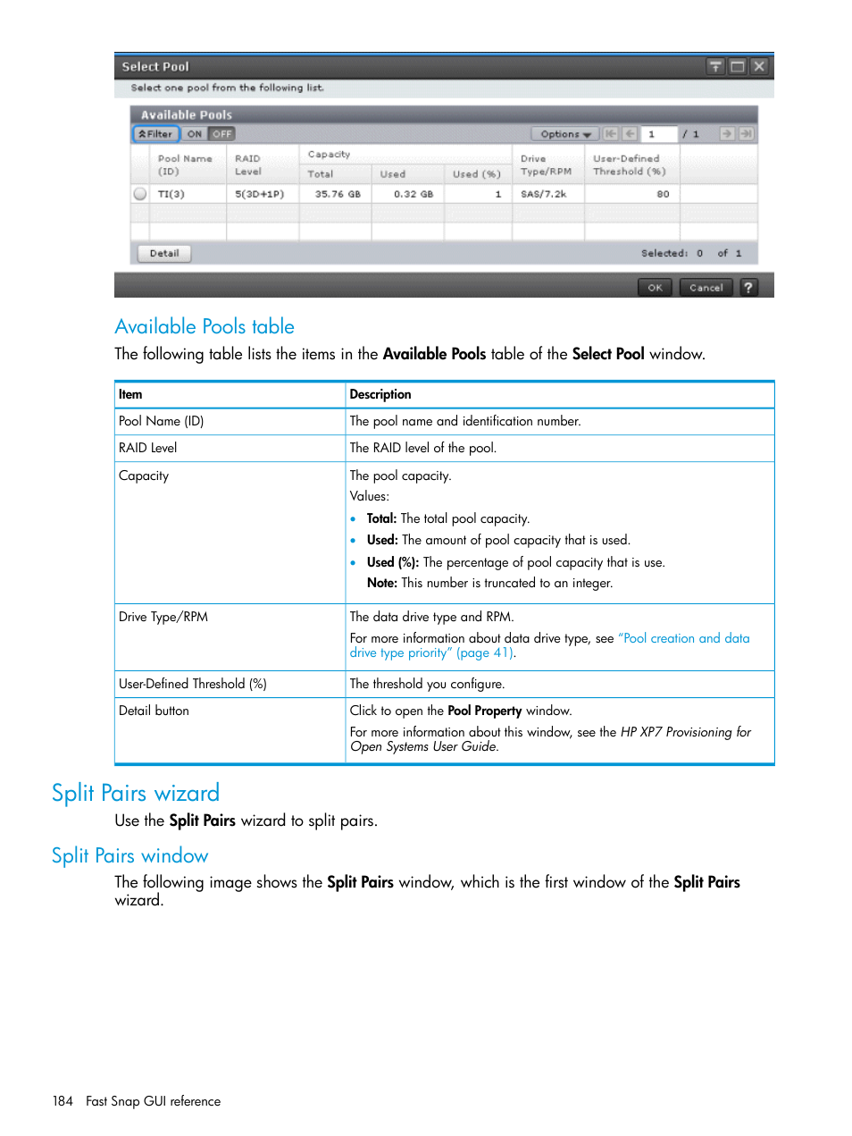 Split pairs wizard, Split pairs window, Available pools table | HP XP7 Storage User Manual | Page 184 / 197