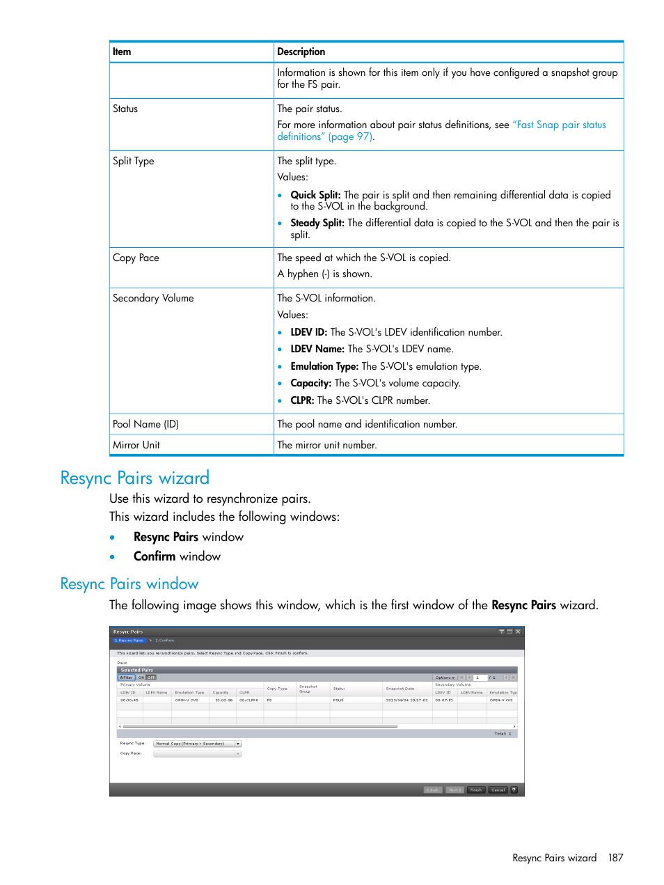 Resync pairs wizard, Resync pairs window | HP XP7 Storage User Manual | Page 187 / 197