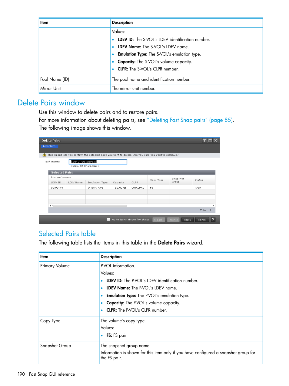 Delete pairs window, Selected pairs table | HP XP7 Storage User Manual | Page 190 / 197