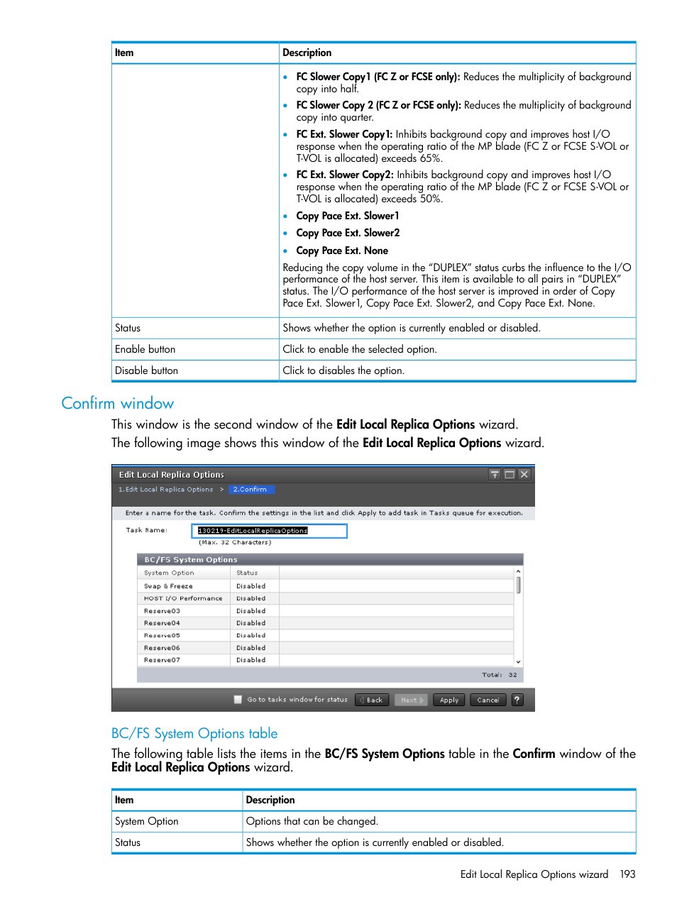 Confirm window, Bc/fs system options table | HP XP7 Storage User Manual | Page 193 / 197