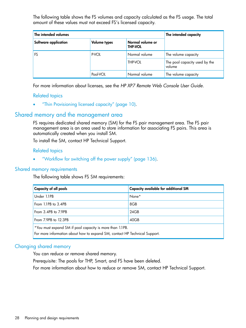 Shared memory and the management area, Shared memory requirements, Changing shared memory | Shared memory requirements changing shared memory, Related topics | HP XP7 Storage User Manual | Page 28 / 197