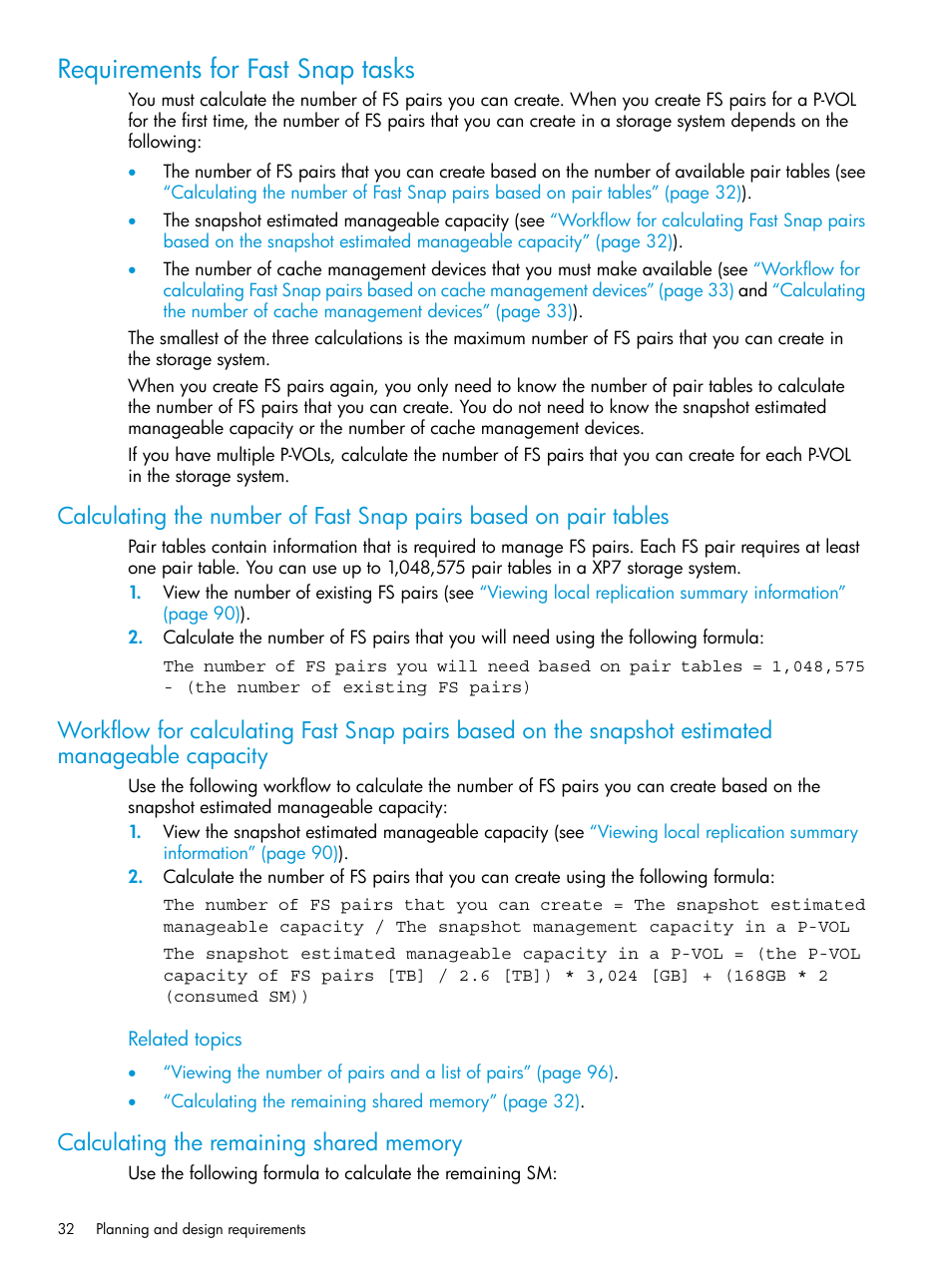 Requirements for fast snap tasks, Calculating the remaining shared memory | HP XP7 Storage User Manual | Page 32 / 197