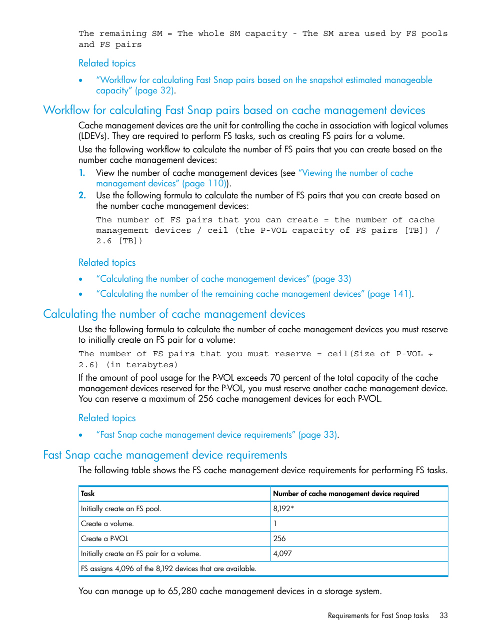 Calculating the number of cache management devices, Fast snap cache management device requirements, Workflow for | Calculating | HP XP7 Storage User Manual | Page 33 / 197