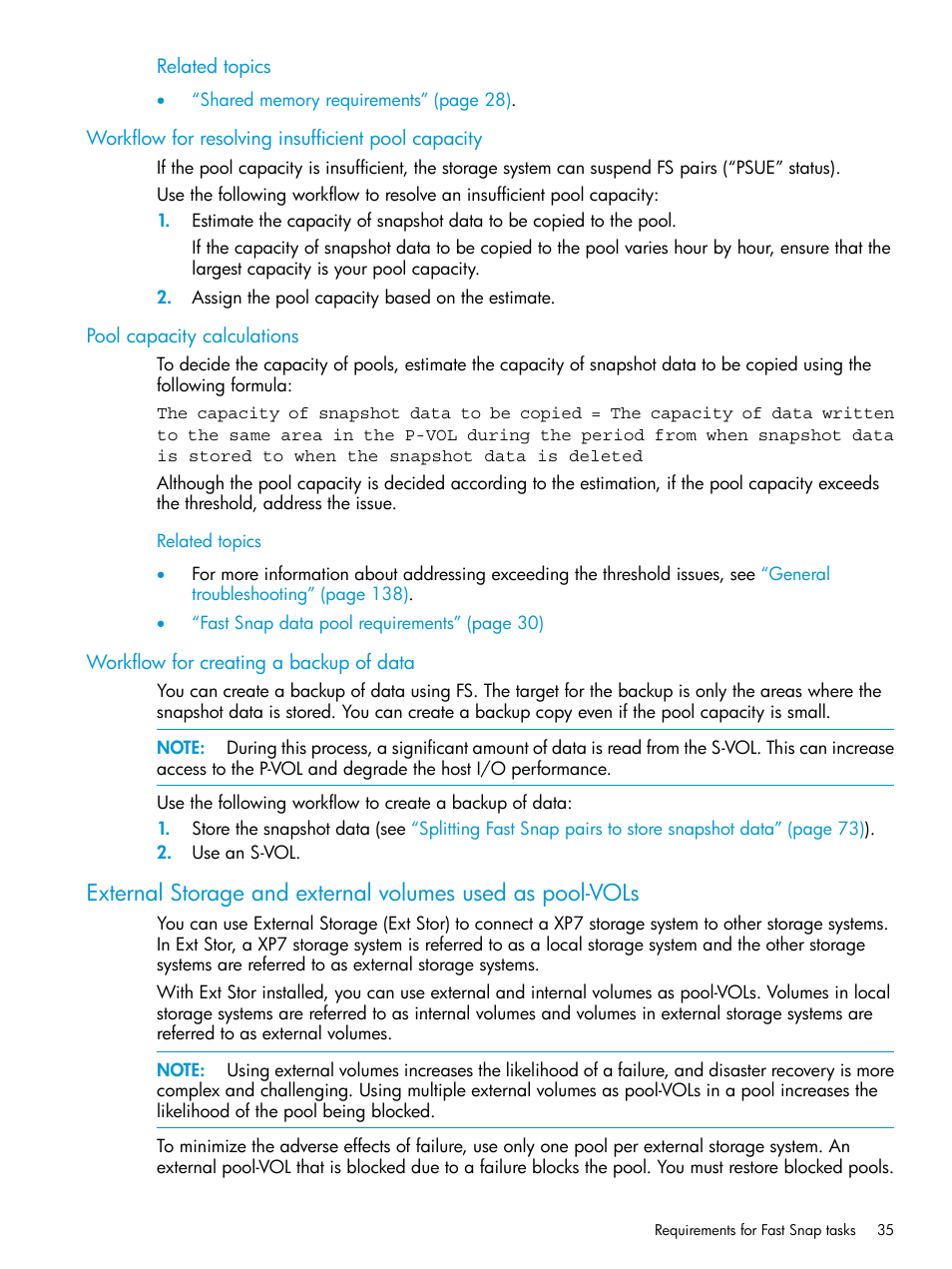Workflow for resolving insufficient pool capacity, Pool capacity calculations, Workflow for creating a backup of data | HP XP7 Storage User Manual | Page 35 / 197