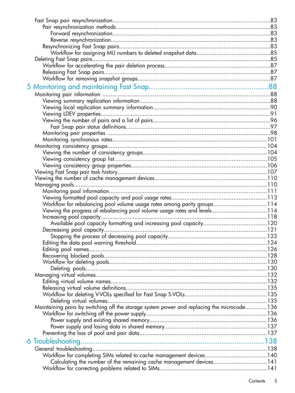 5 monitoring and maintaining fast snap, 6 troubleshooting | HP XP7 Storage User Manual | Page 5 / 197