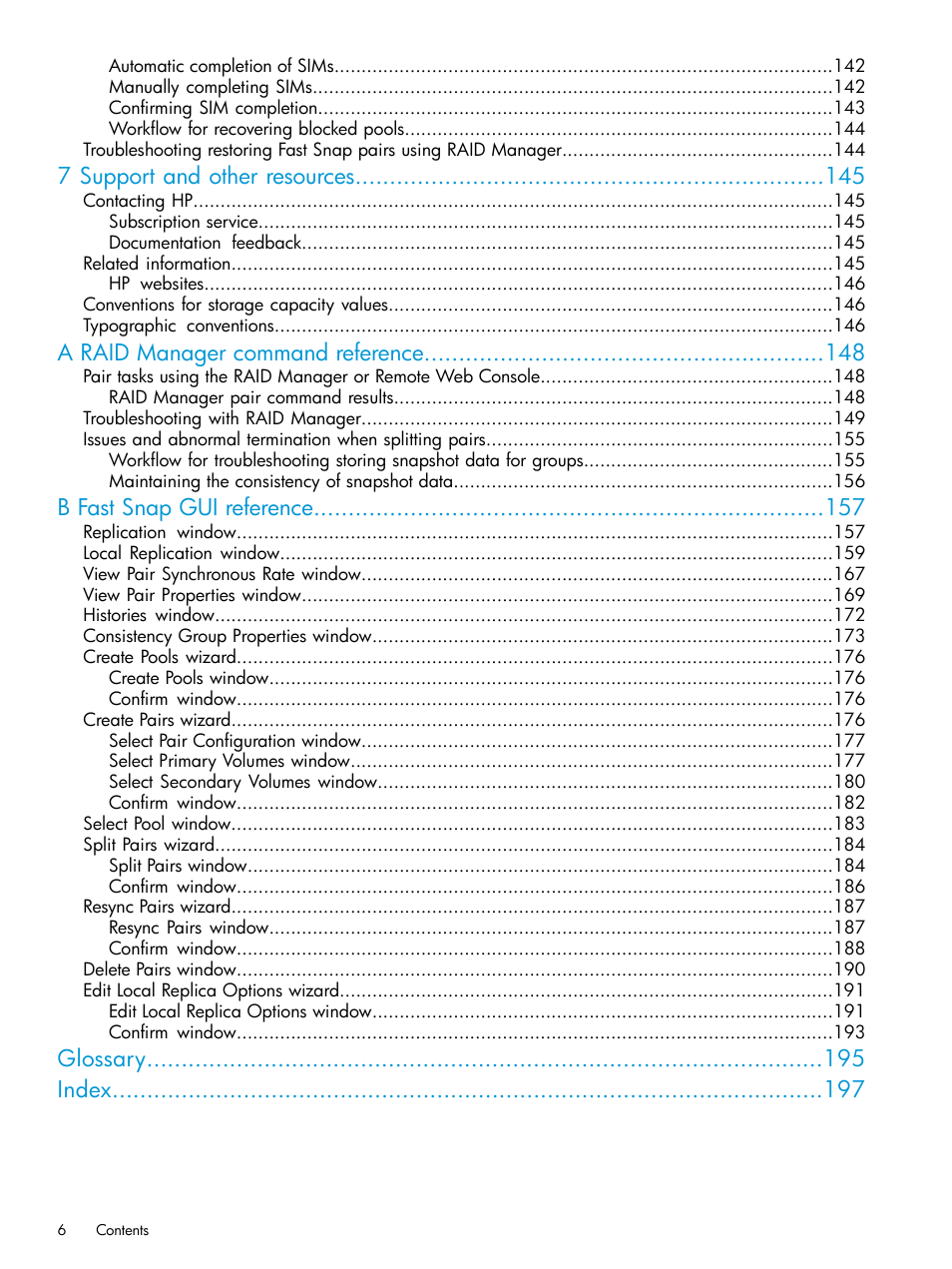 7 support and other resources, A raid manager command reference, B fast snap gui reference | Glossary index | HP XP7 Storage User Manual | Page 6 / 197