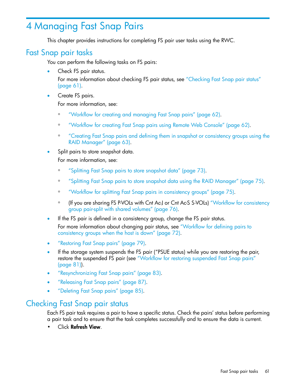 4 managing fast snap pairs, Fast snap pair tasks, Checking fast snap pair status | HP XP7 Storage User Manual | Page 61 / 197