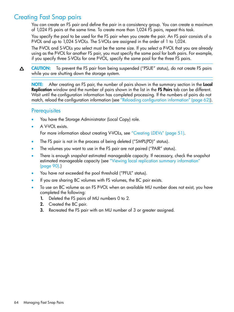 Creating fast snap pairs, Prerequisites | HP XP7 Storage User Manual | Page 64 / 197