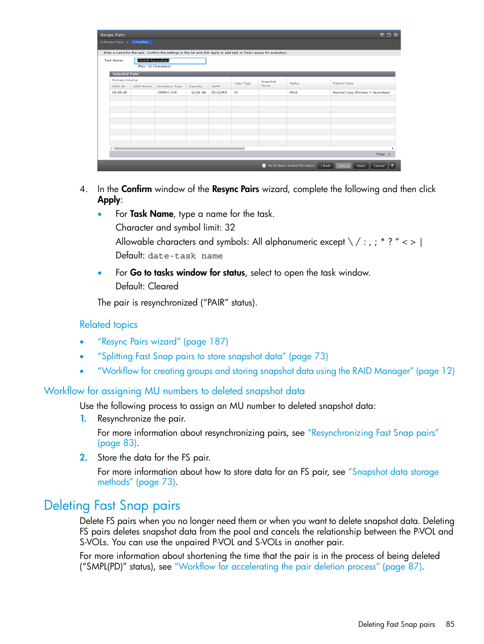 Deleting fast snap pairs, Deleting fast snap | HP XP7 Storage User Manual | Page 85 / 197