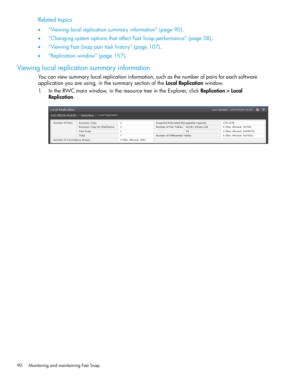 Viewing local replication summary information, Viewing local replication summary, Viewing local replication | HP XP7 Storage User Manual | Page 90 / 197